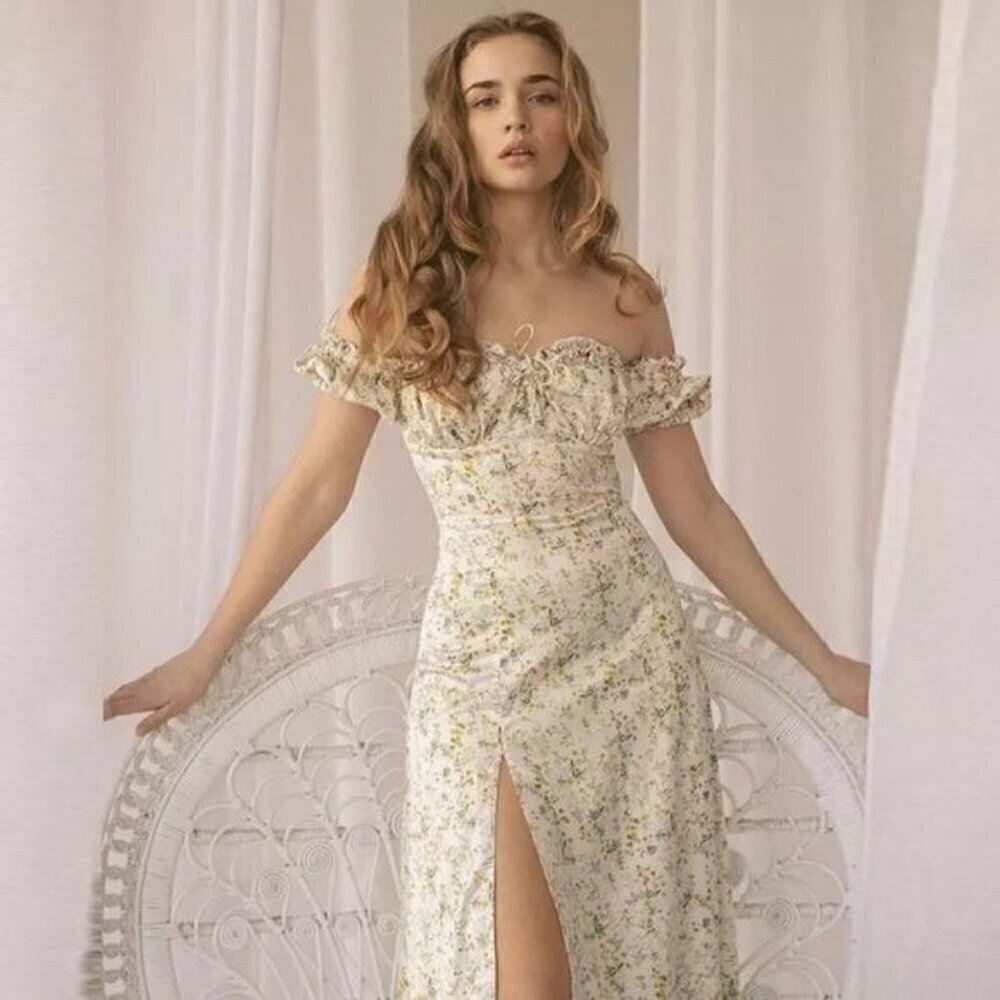 Summer Floral Off Shoulder Puff Sleeve Maxi Dress Woman Sexy Up Side Split - Picture 5 of 6